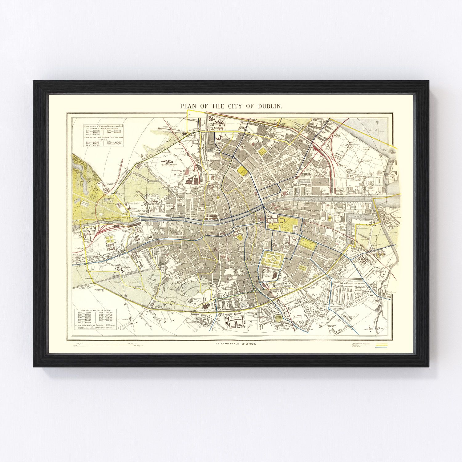 Vintage map of Dublin, Ireland, 1883