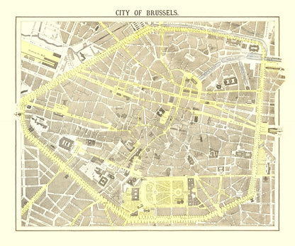 Vintage Map of Brussels, Belgium, 1883