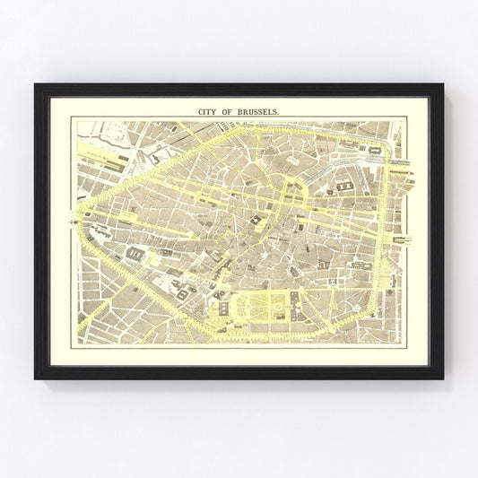 Vintage map of Brussels, Belgium, 1883, Belle Epoque