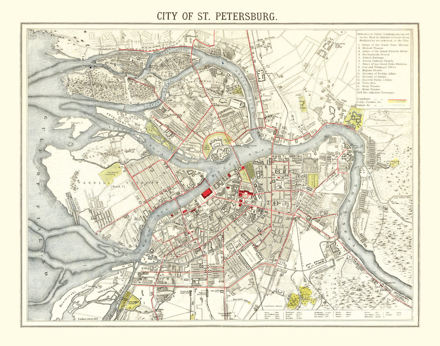 Vintage Map of Saint Petersburg, Russia, 1883