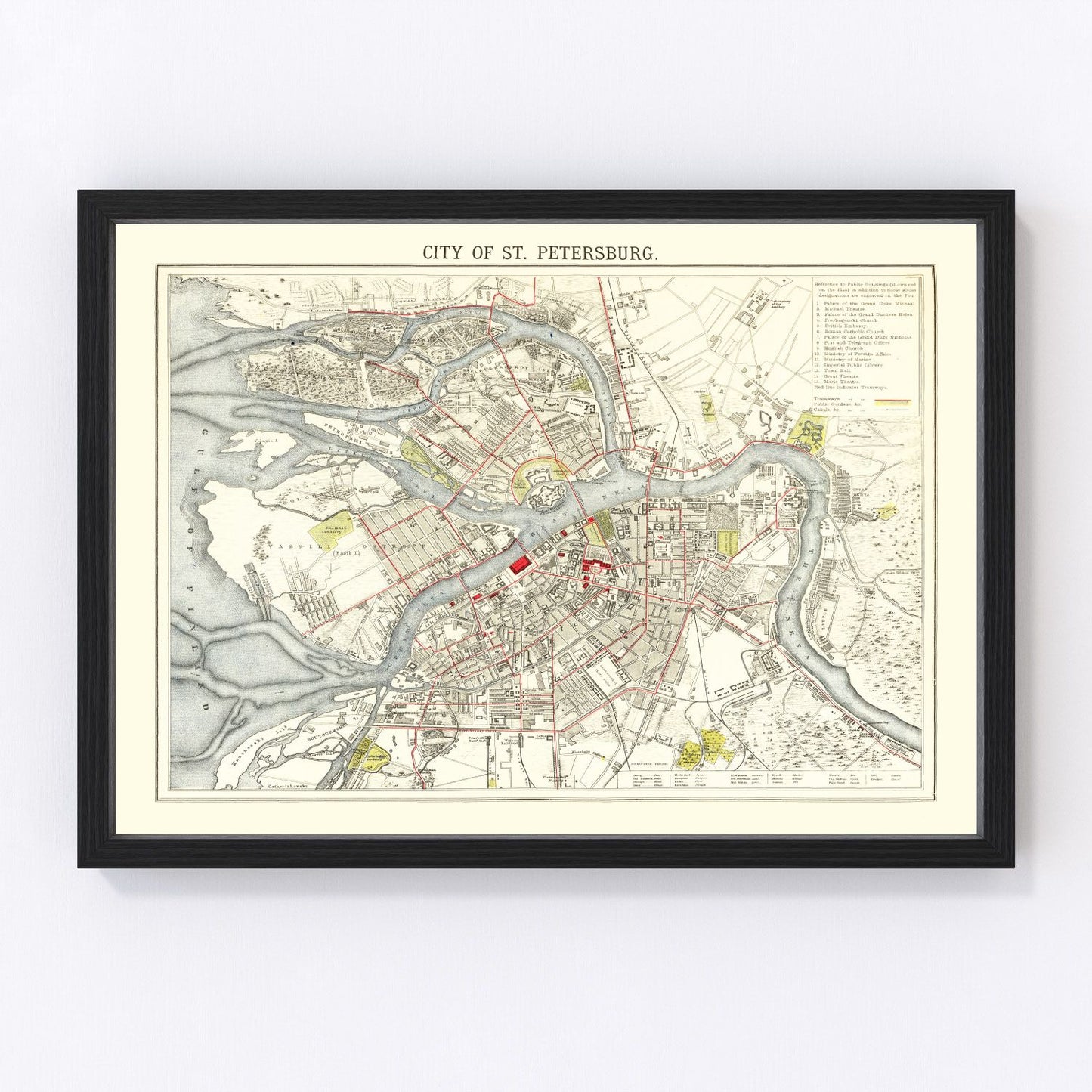 vintage map of Saint Petersburg, Russia, 1883