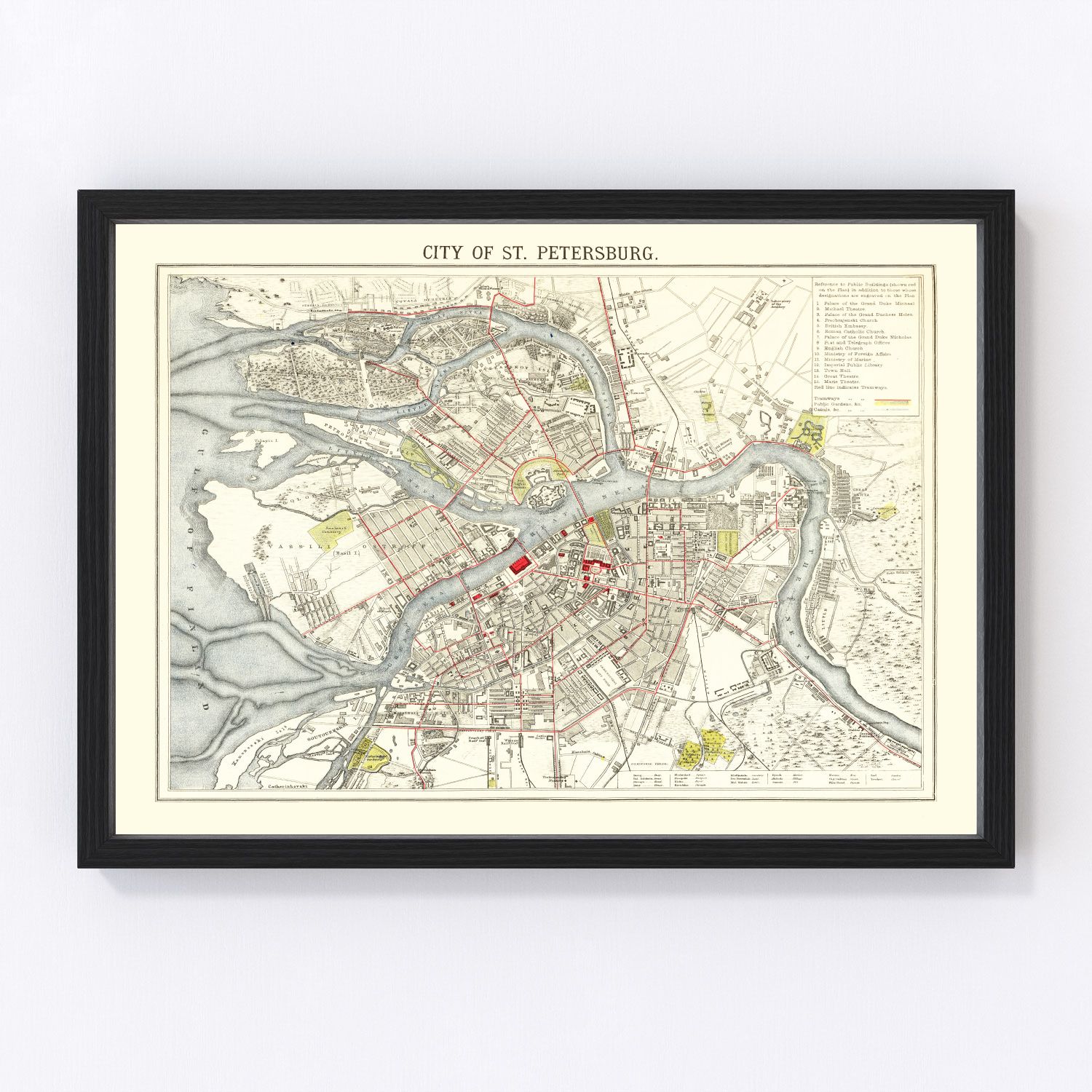 vintage map of Saint Petersburg, Russia, 1883