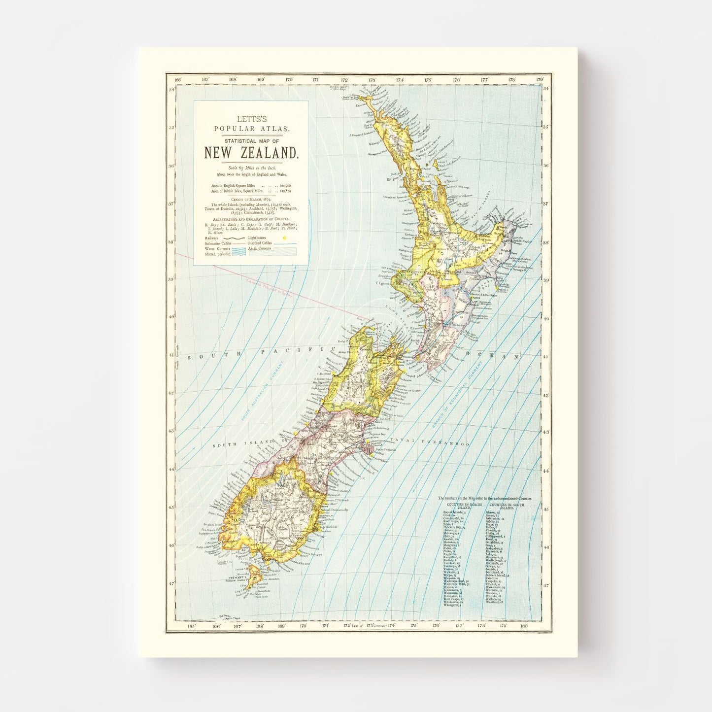 Vintage Map of New Zealand, 1883