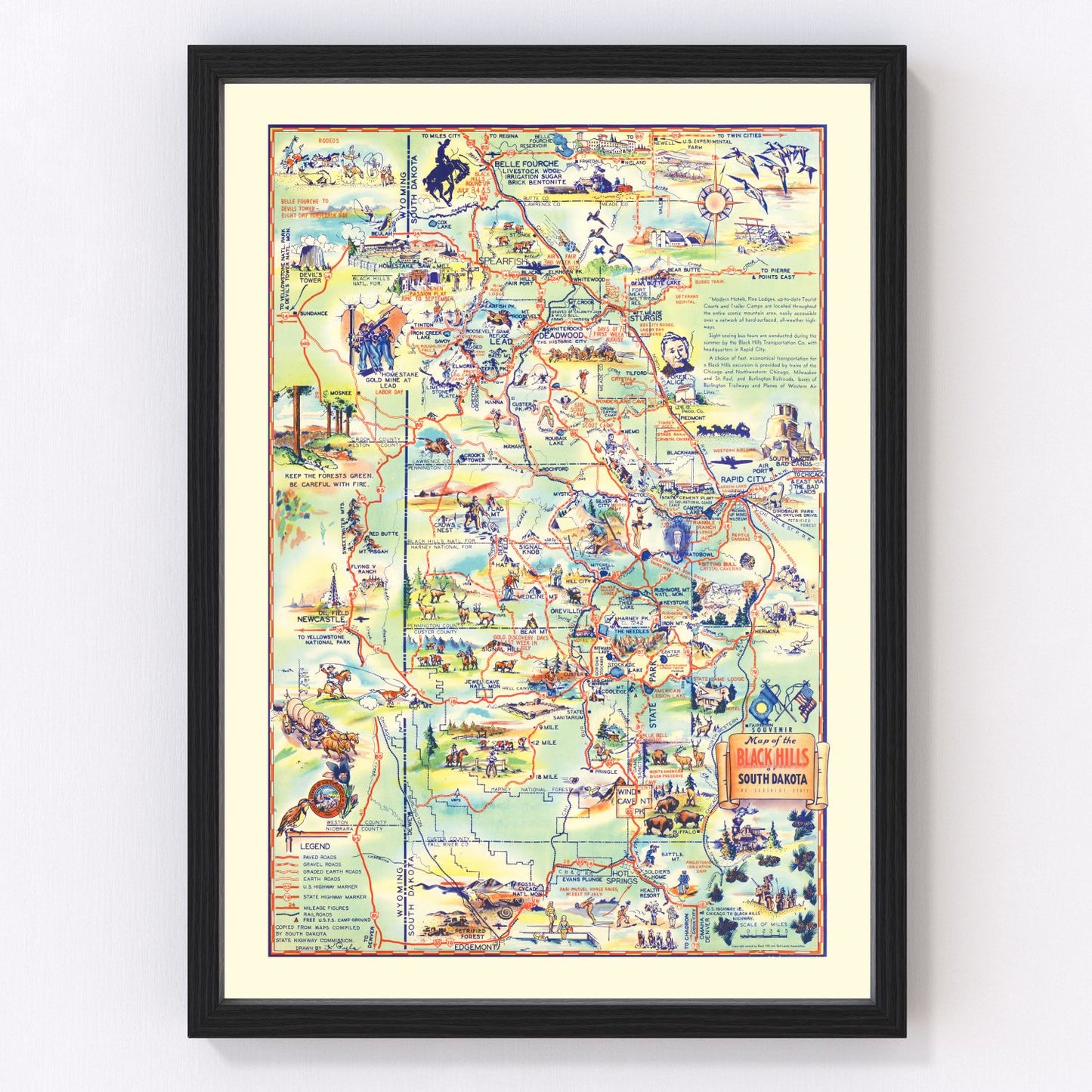 Vintage map of the Black Hills, South Dakota, 1940 - highways and national monuments