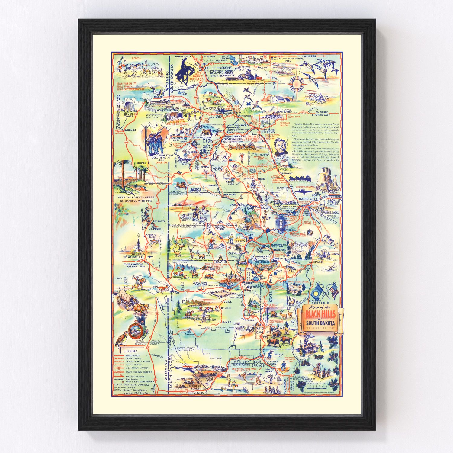 Vintage map of the Black Hills, South Dakota, 1940 - highways and national monuments