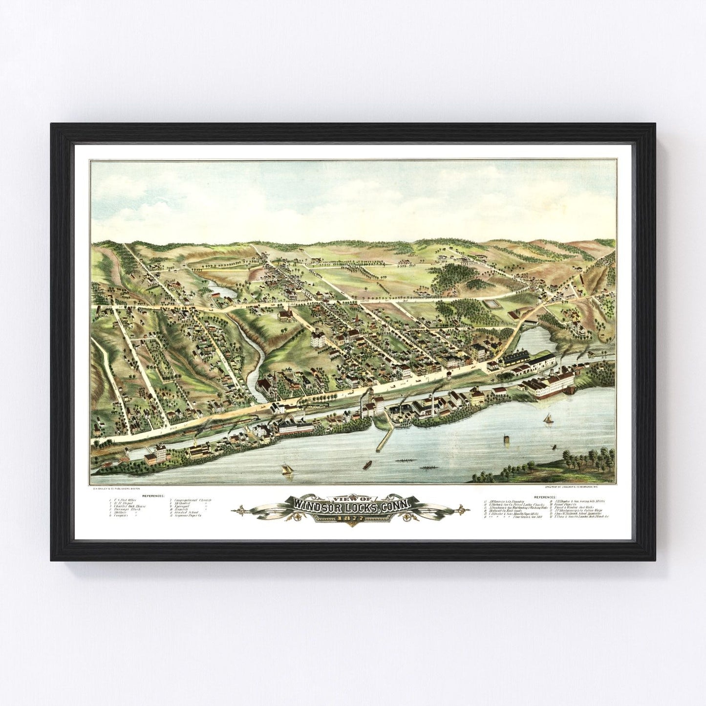 Vintage map of Windsor Locks, Connecticut, 1877, Hartford County restored wall art