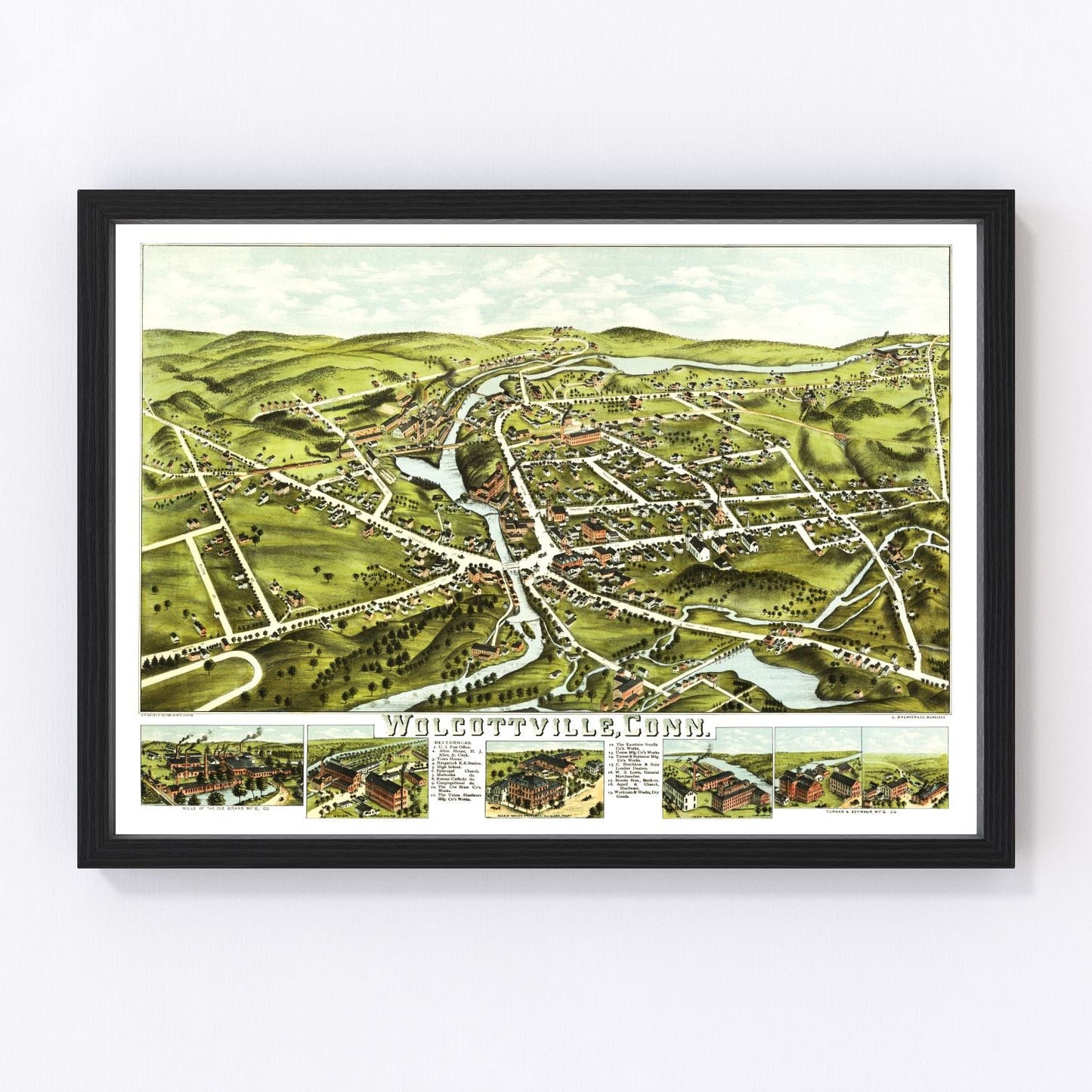 Vintage map of Wolcottville, Connecticut, 1875, New England village restored