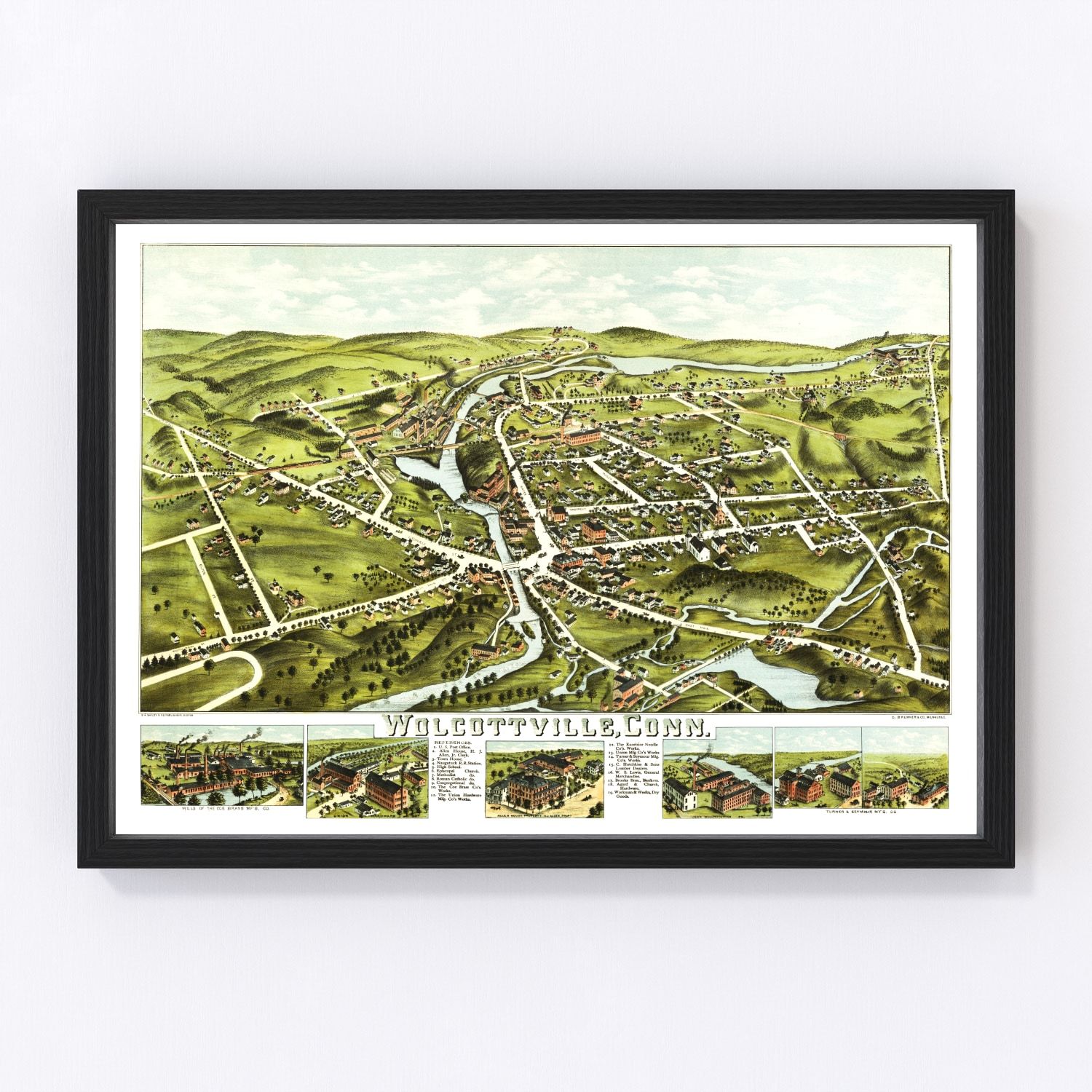 Vintage map of Wolcottville, Connecticut, 1875, New England village restored