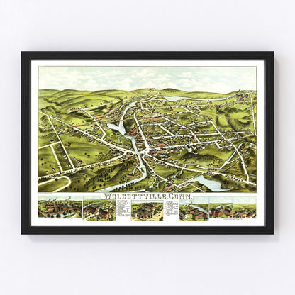 Vintage map of Wolcottville, Connecticut, 1875, New England village restored