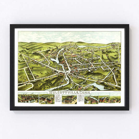 Vintage map of Wolcottville, Connecticut, 1875, New England village restored