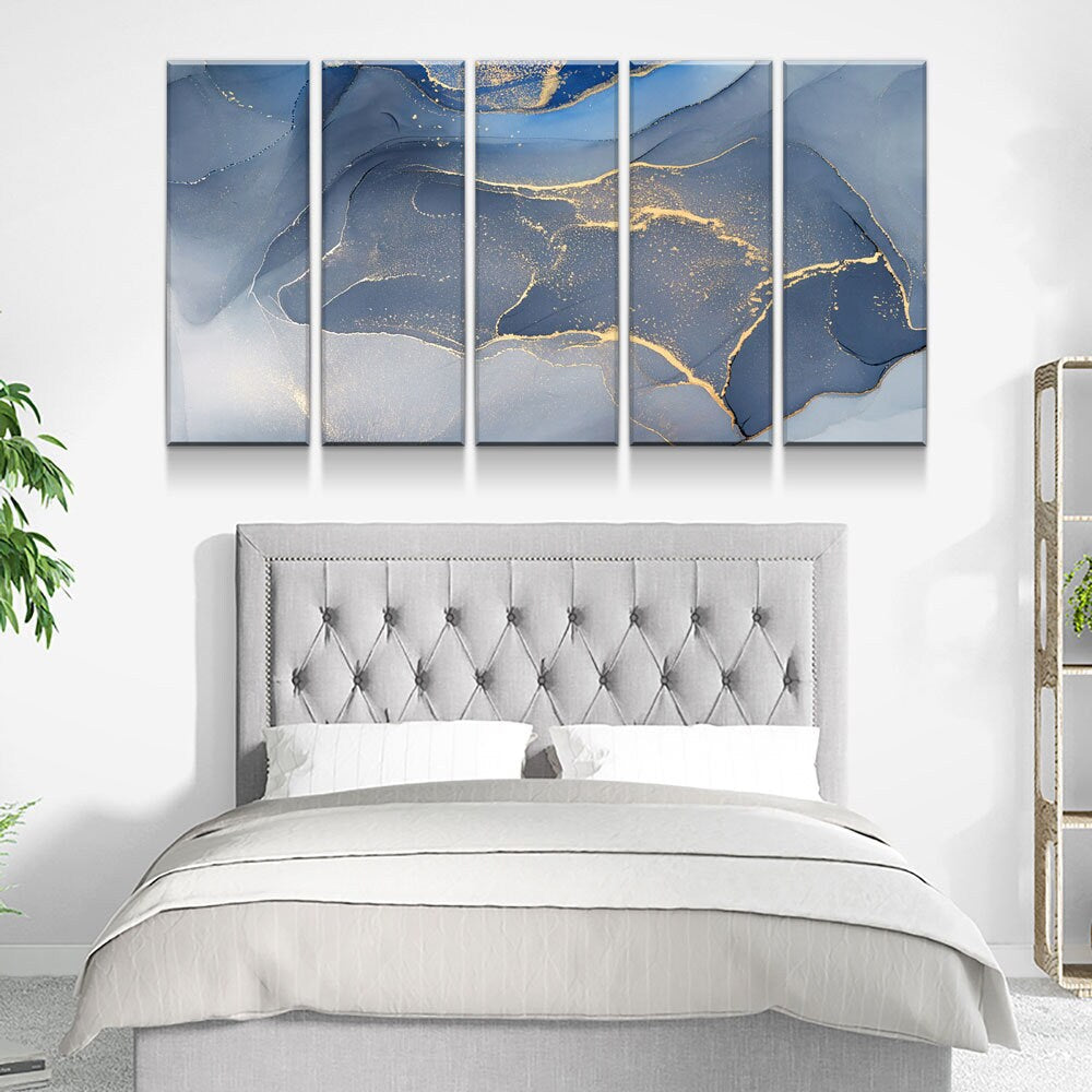 Marbled Blue Gold Canvas Wall Art, Modern Abstract Decor