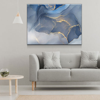 Marbled Blue Gold Canvas Wall Art, Modern Abstract Decor