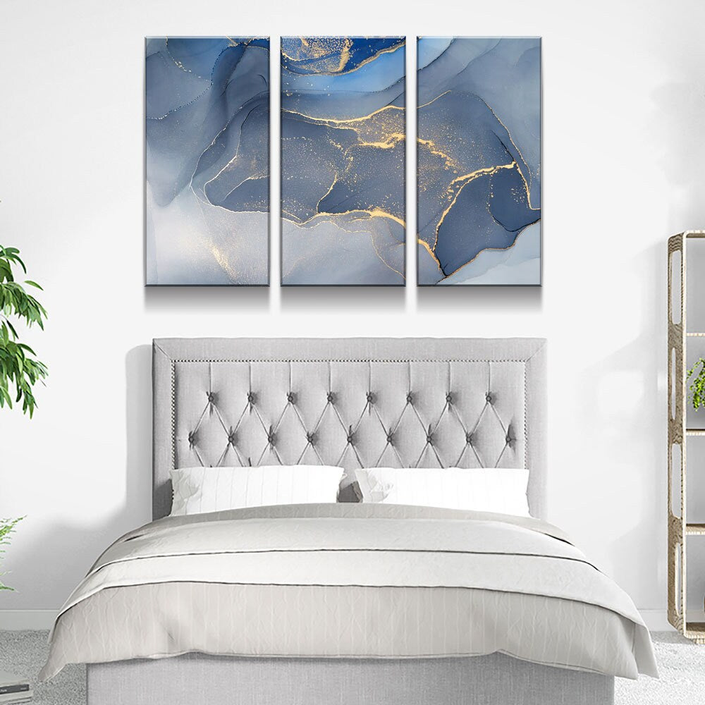 Marbled Blue Gold Canvas Wall Art, Modern Abstract Decor