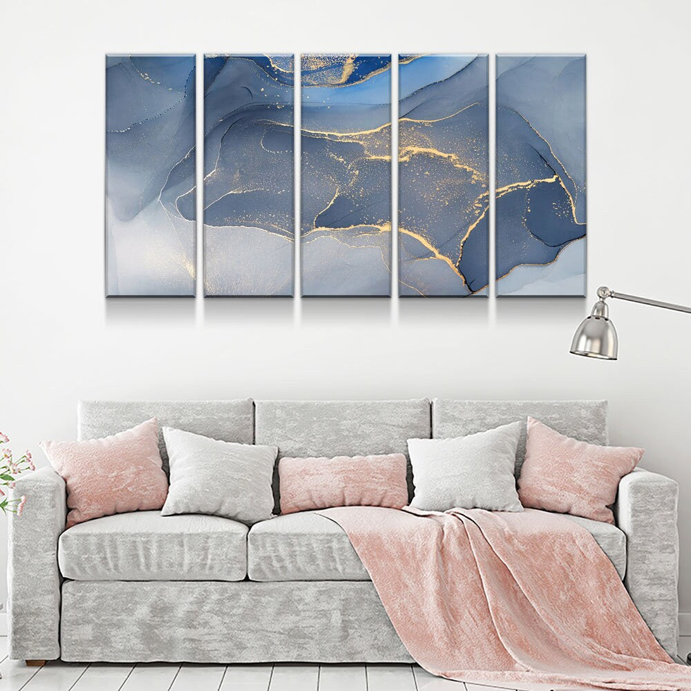 Marbled Blue Gold Canvas Wall Art, Modern Abstract Decor