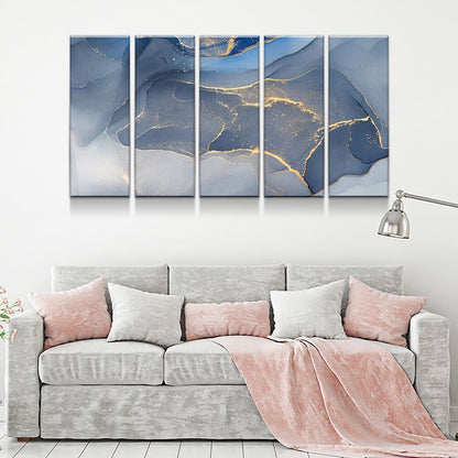 Marbled Blue Gold Canvas Wall Art, Modern Abstract Decor