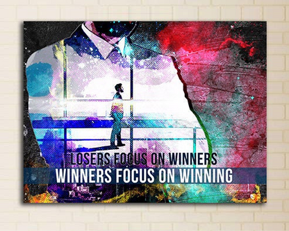 Losers Focus On Winners Winning quote canvas wall art in a home gym