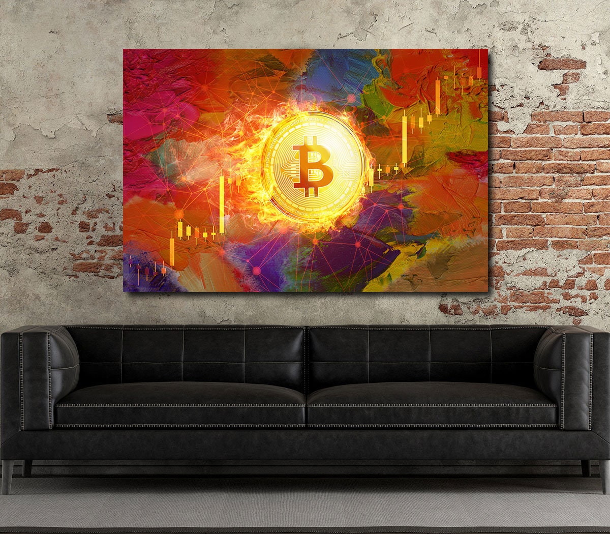 Bitcoin Fire Canvas Wall Art, Crypto Office Decor