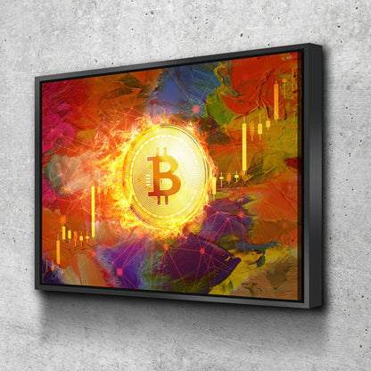 Bitcoin Fire crypto canvas wall art in a modern home office