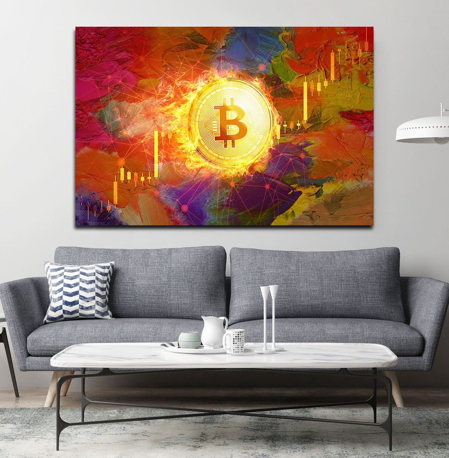 Bitcoin Fire Canvas Wall Art, Crypto Office Decor