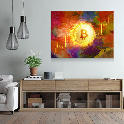 Bitcoin Fire Canvas Wall Art, Crypto Office Decor