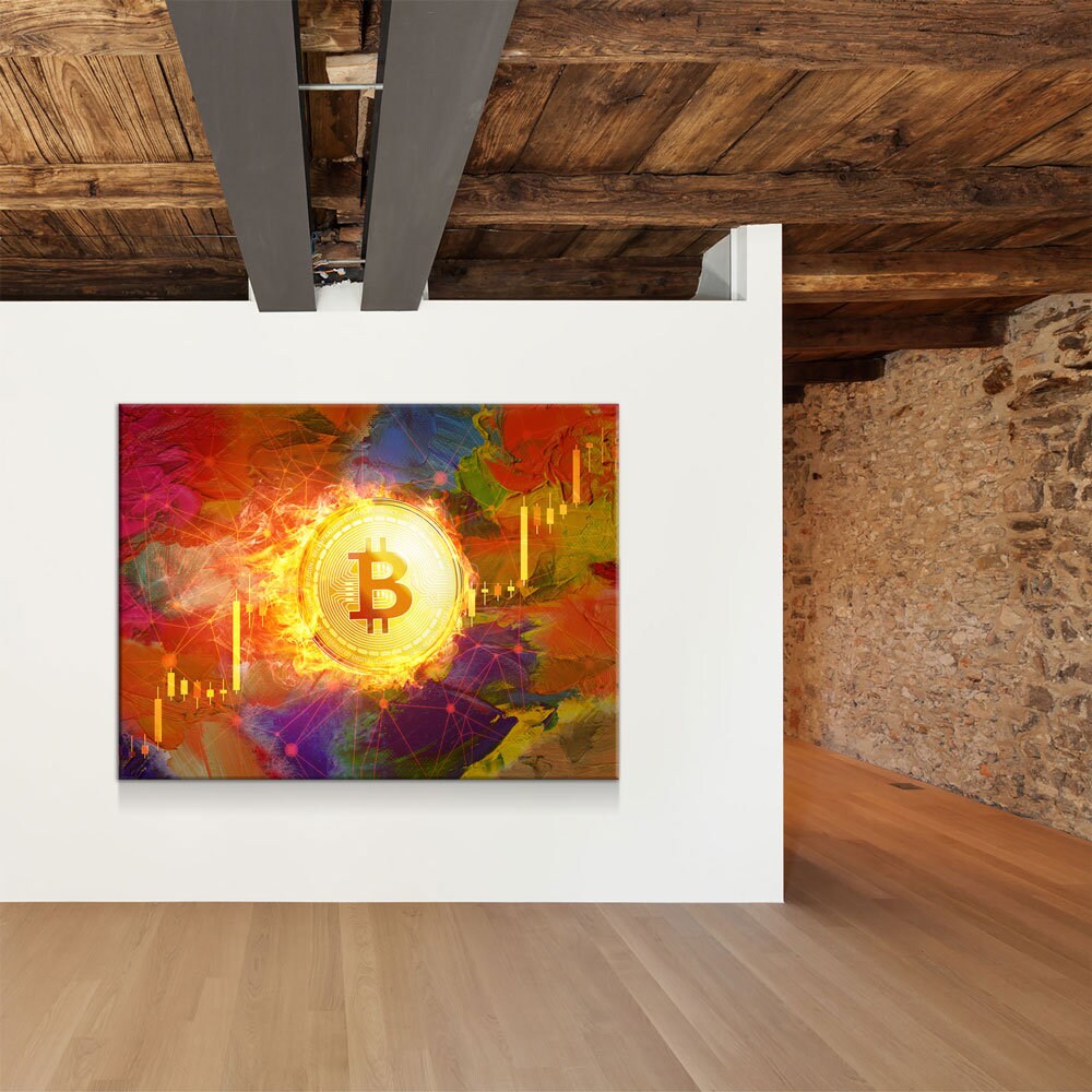 Bitcoin Fire Canvas Wall Art, Crypto Office Decor
