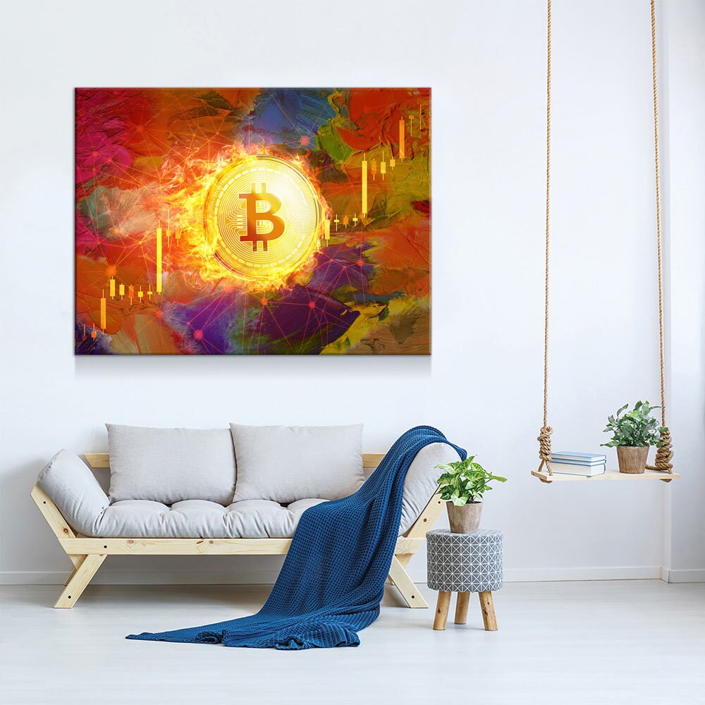 Bitcoin Fire Canvas Wall Art, Crypto Office Decor