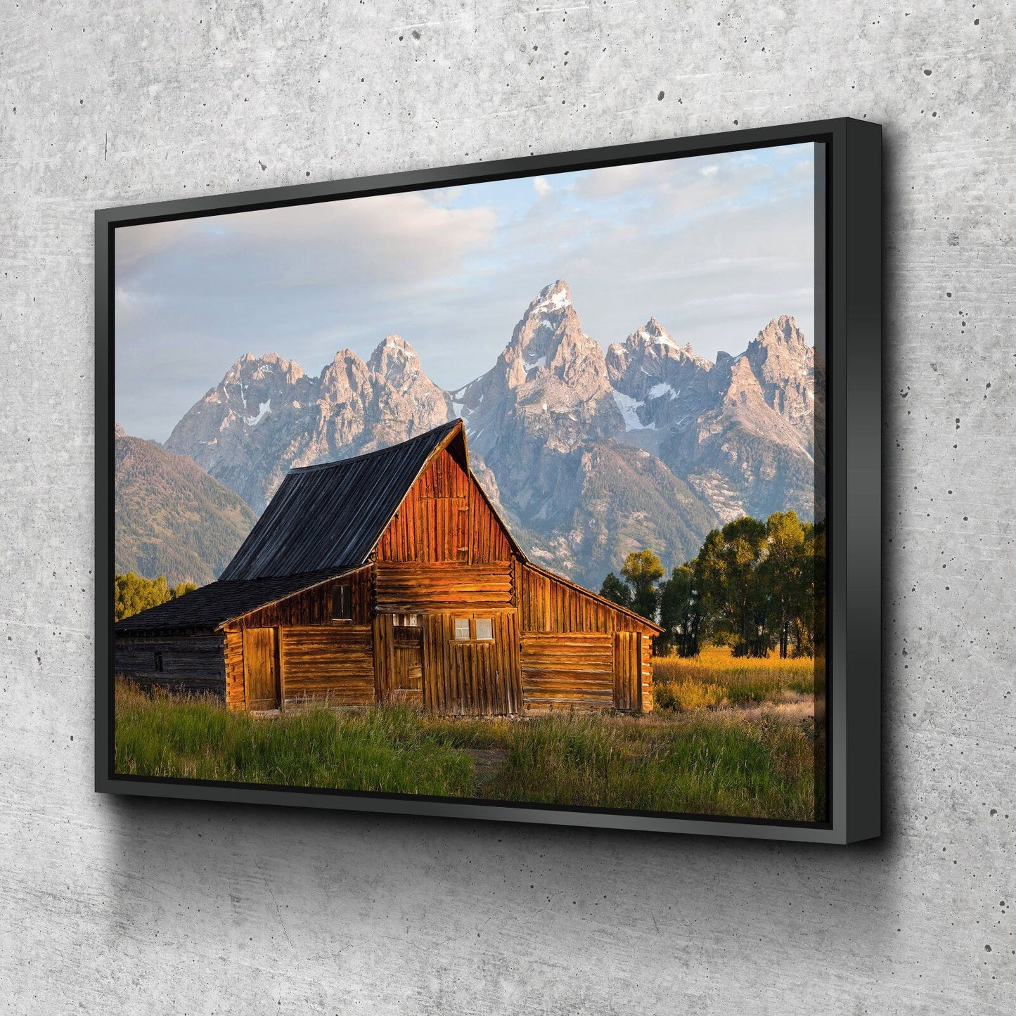 Old Barn Grand Teton landscape canvas wall art in a farmhouse living room