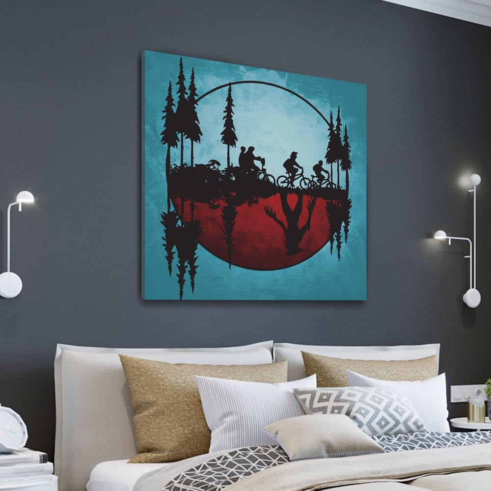 Upside down world abstract canvas wall art in a modern living room