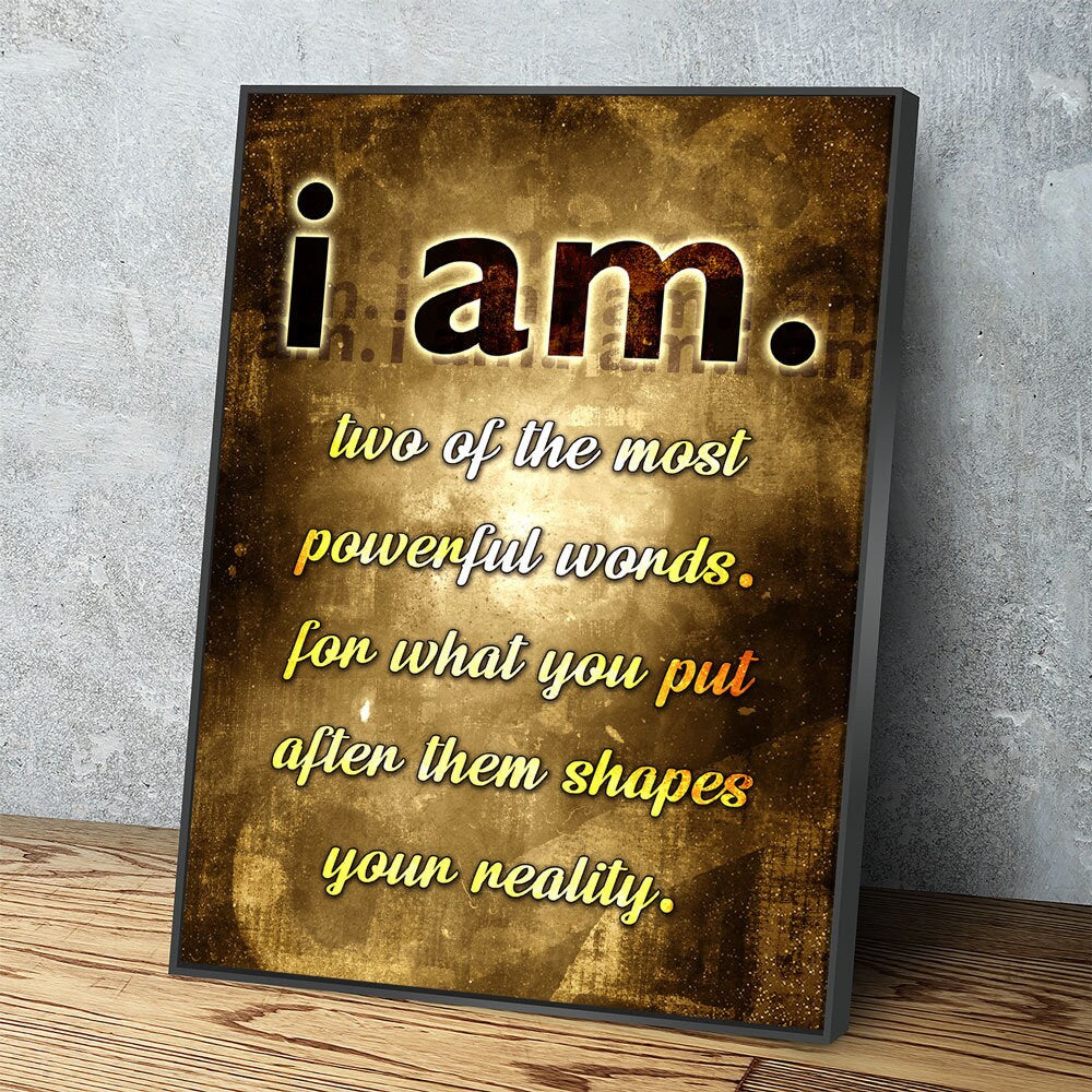 I am affirmation canvas wall art in a calm bedroom
