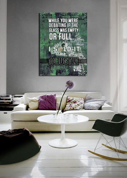 Motivational sales quote canvas wall art in a home office