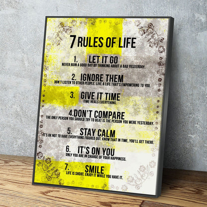 7 Rules Of Life motivational canvas wall art in an entryway