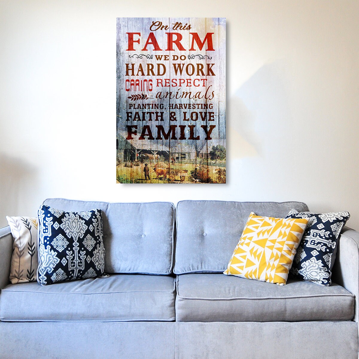 Farmhouse hard work canvas wall art in a rustic kitchen