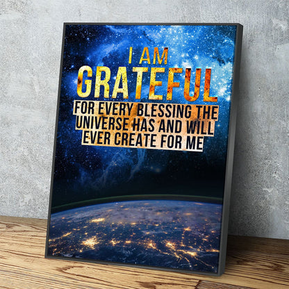 I Am Grateful affirmation canvas wall art in a reading nook