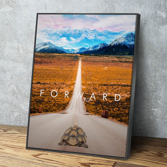 Forward turtle motivational canvas wall art in a home office