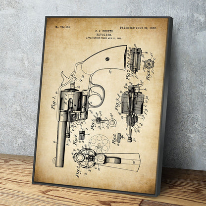 Vintage 1903 revolver patent print canvas wall art