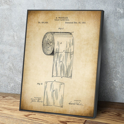 Vintage 1891 toilet paper patent print canvas bathroom wall art