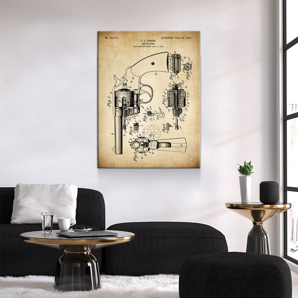 Revolver Patent Print Canvas Wall Art, 1903 Vintage Gun Patent