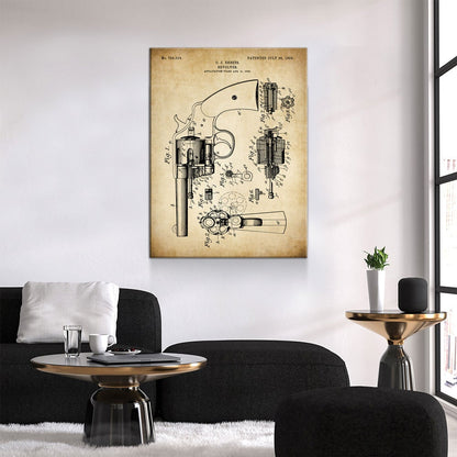 Revolver Patent Print Canvas Wall Art, 1903 Vintage Gun Patent