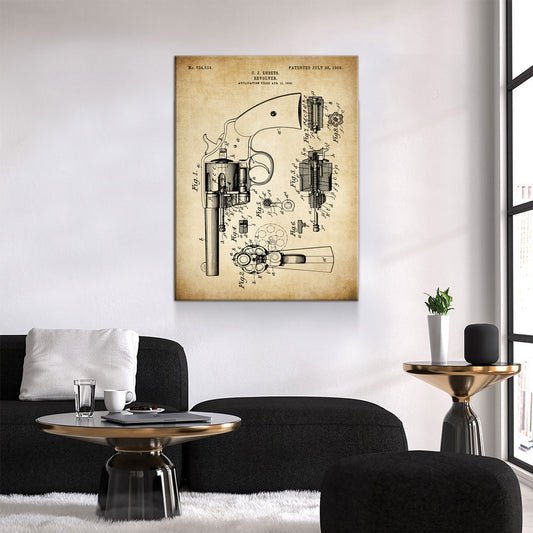 Revolver Patent Print Canvas Wall Art, 1903 Vintage Gun Patent