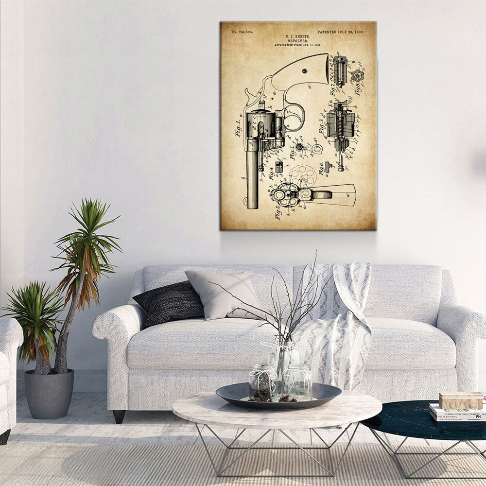 Revolver Patent Print Canvas Wall Art, 1903 Vintage Gun Patent