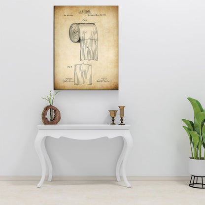 Toilet Paper Patent Print Canvas Wall Art, 1891 Bathroom Art