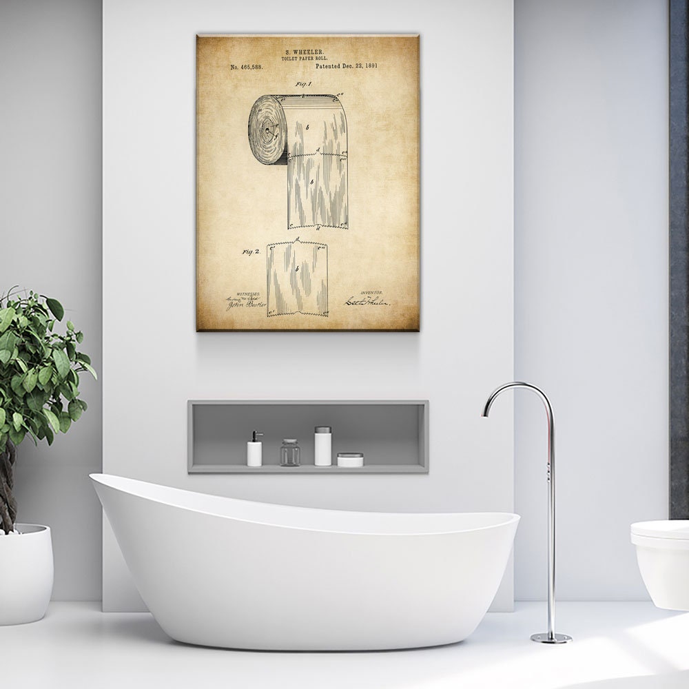Toilet Paper Patent Print Canvas Wall Art, 1891 Bathroom Art