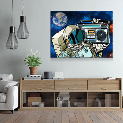 Spaceman Galaxy Jam Canvas Wall Art, Retro Space Decor