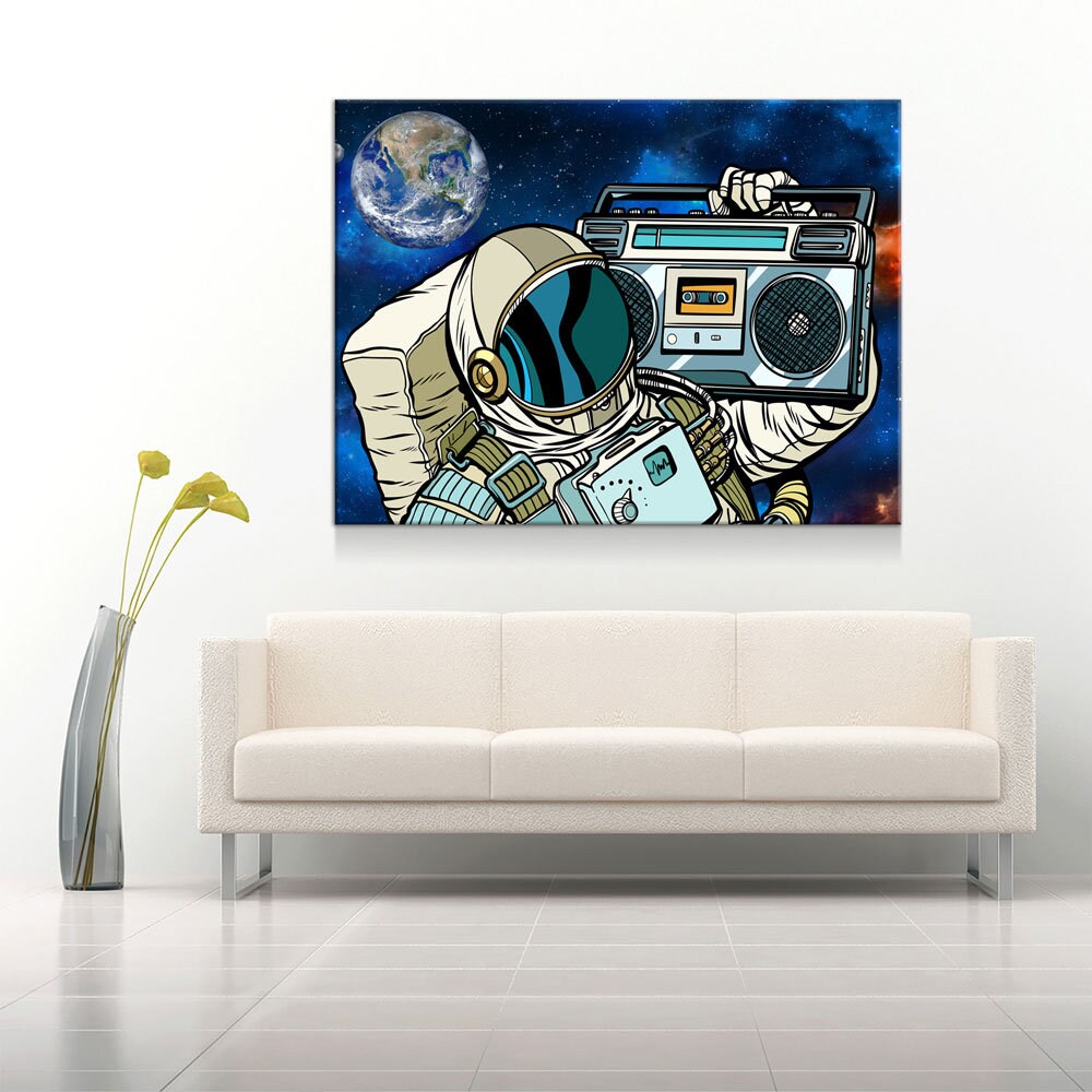 Spaceman Galaxy Jam Canvas Wall Art, Retro Space Decor
