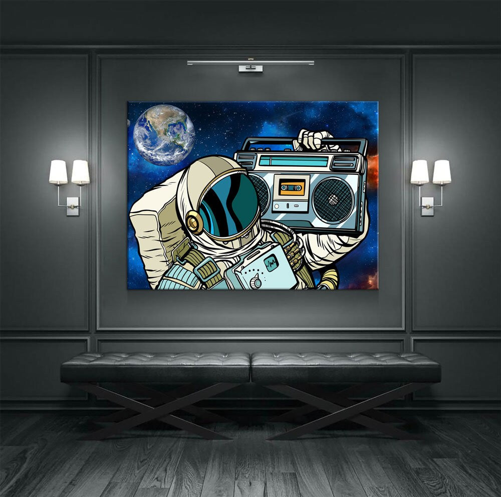 Spaceman Galaxy Jam Canvas Wall Art, Retro Space Decor