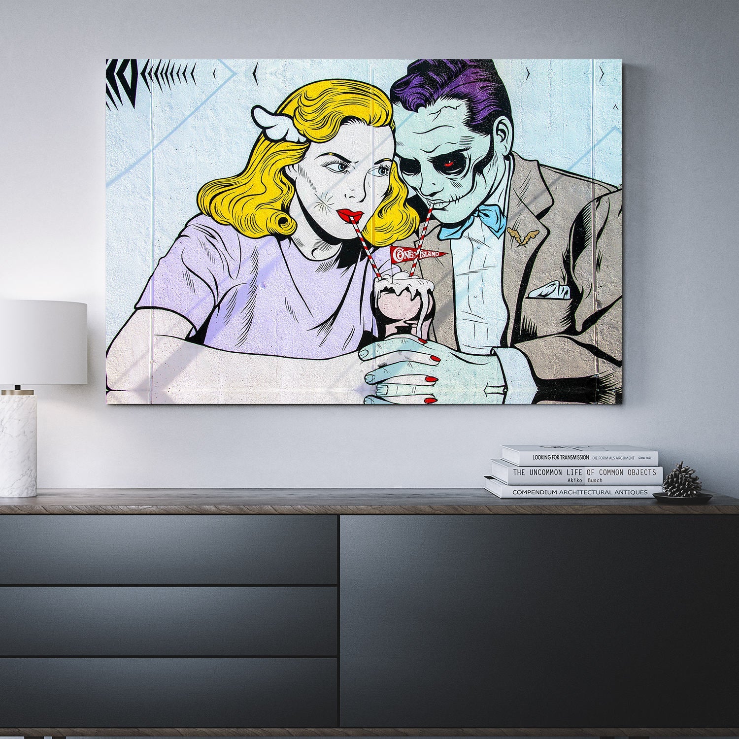 Coney Island milkshake pop art canvas hanging in a modern living room