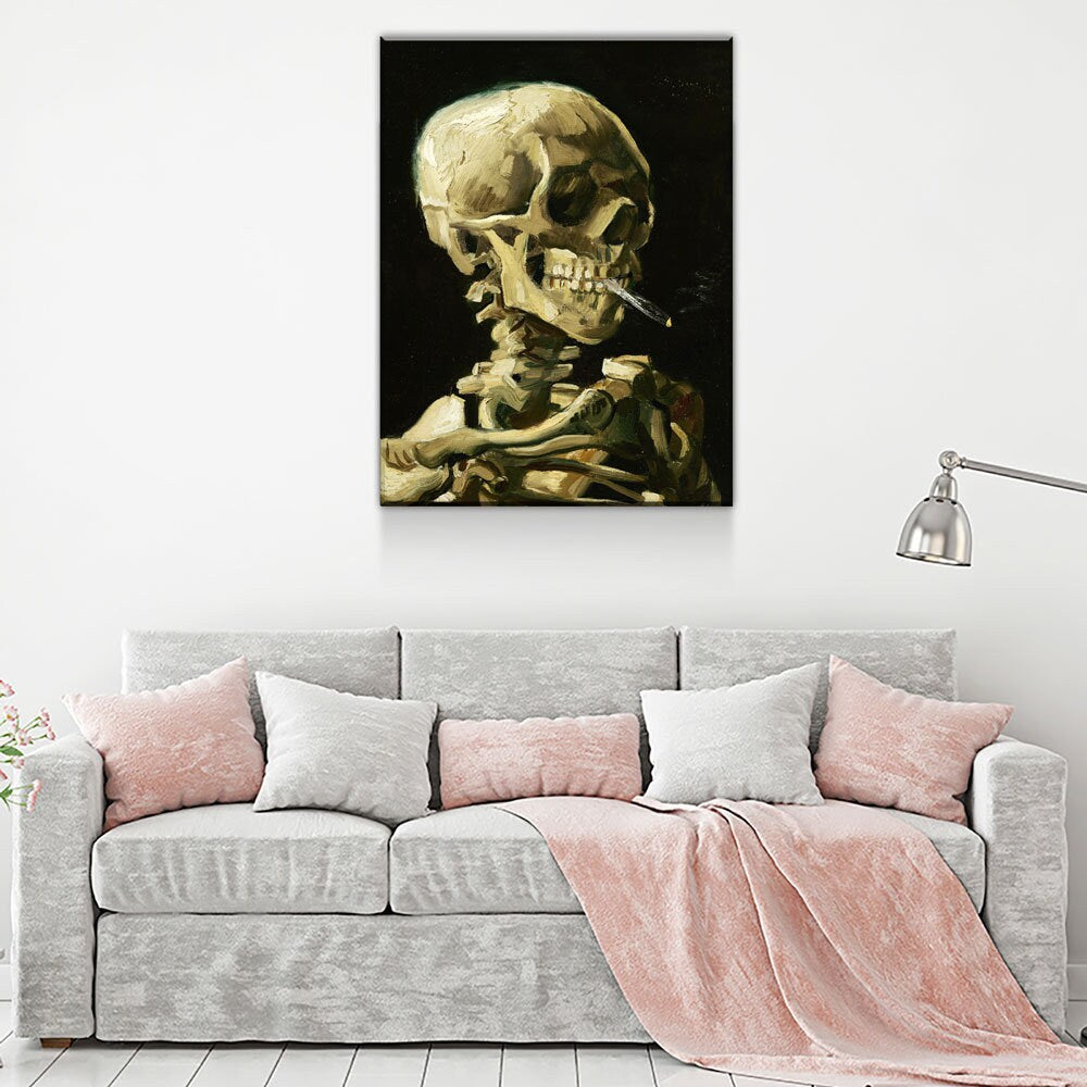 Van Gogh Smoking Skull Canvas Wall Art, Skeleton Reproduction