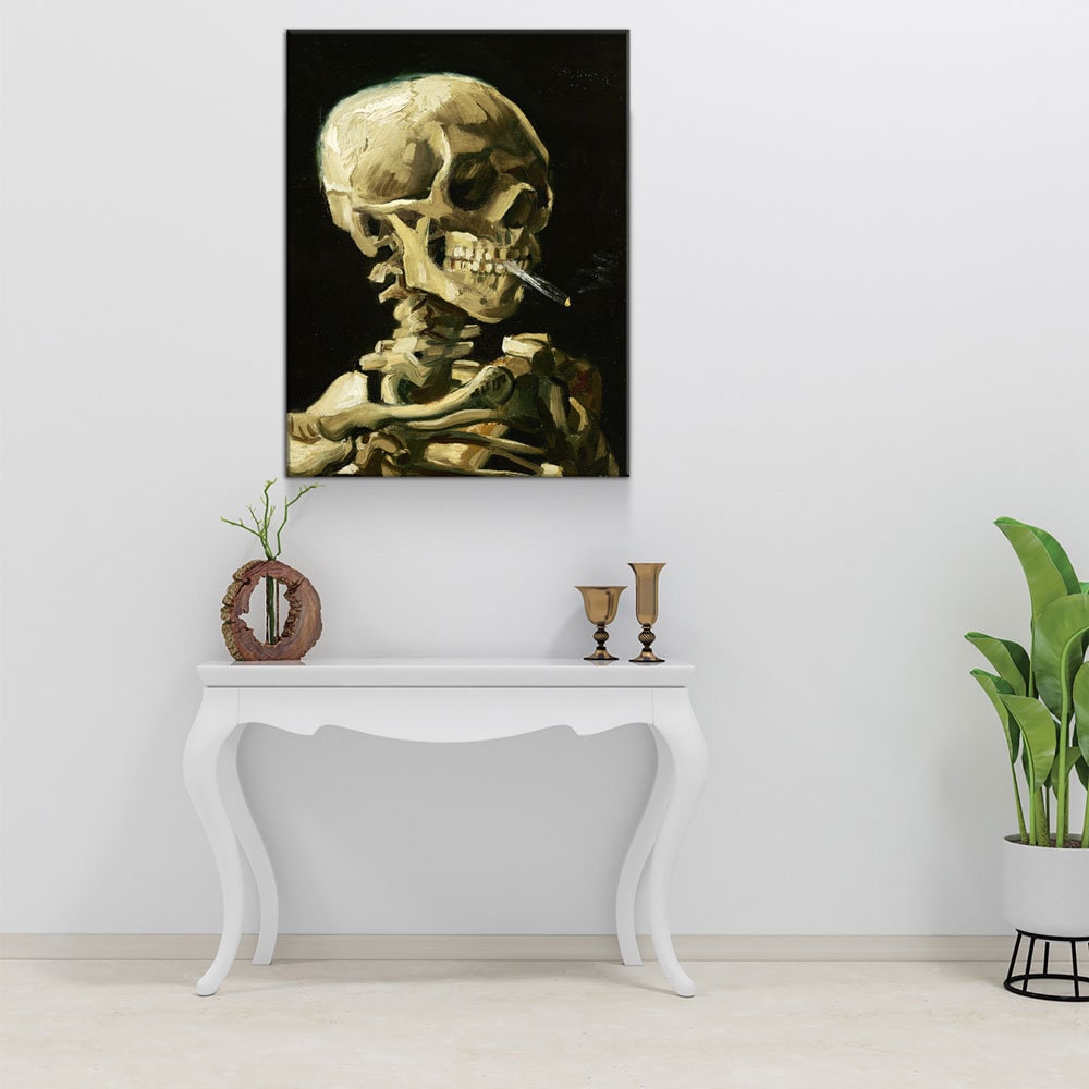 Van Gogh Smoking Skull Canvas Wall Art, Skeleton Reproduction