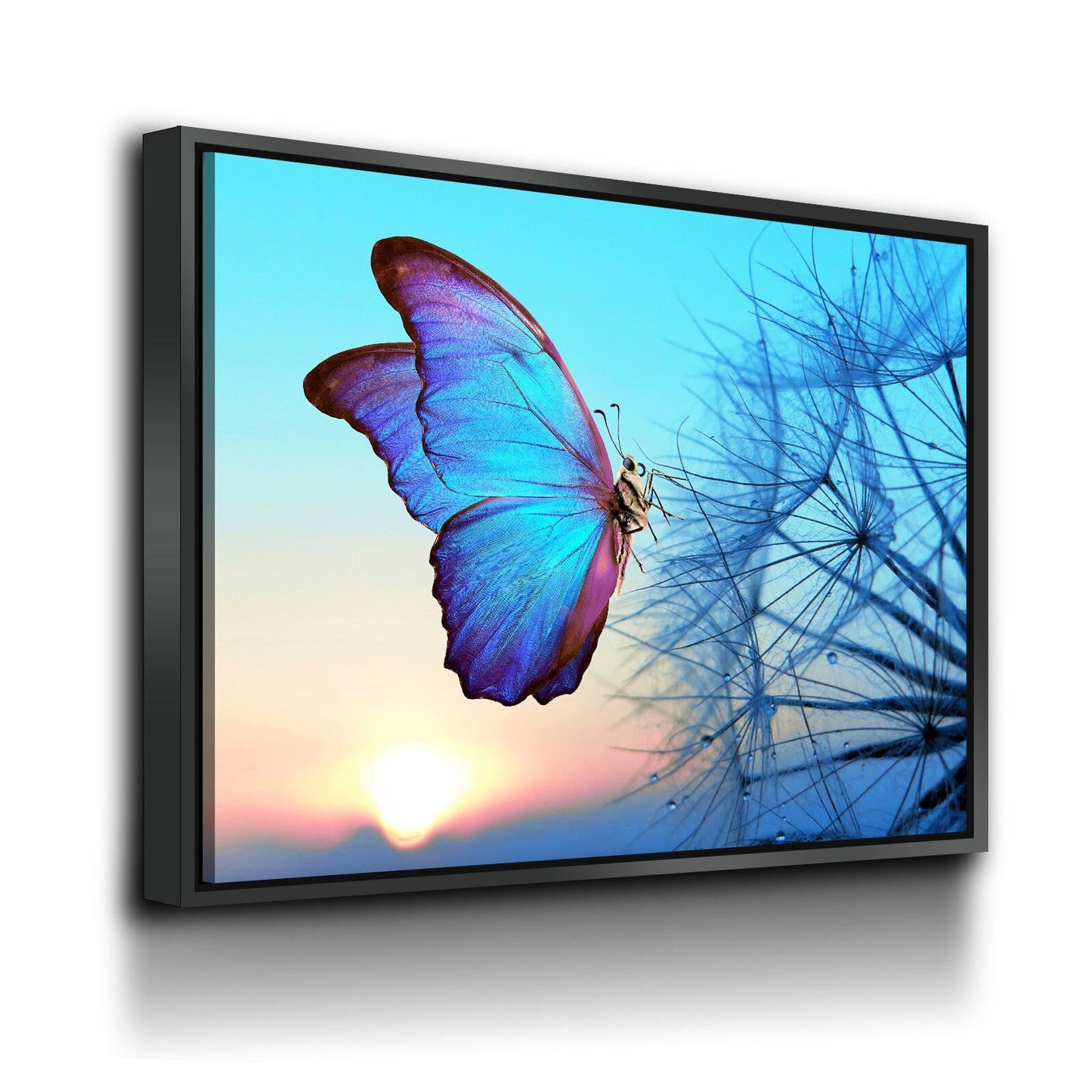 Blue Butterfly canvas wall art, dandelion sunset print for bedroom or nursery decor