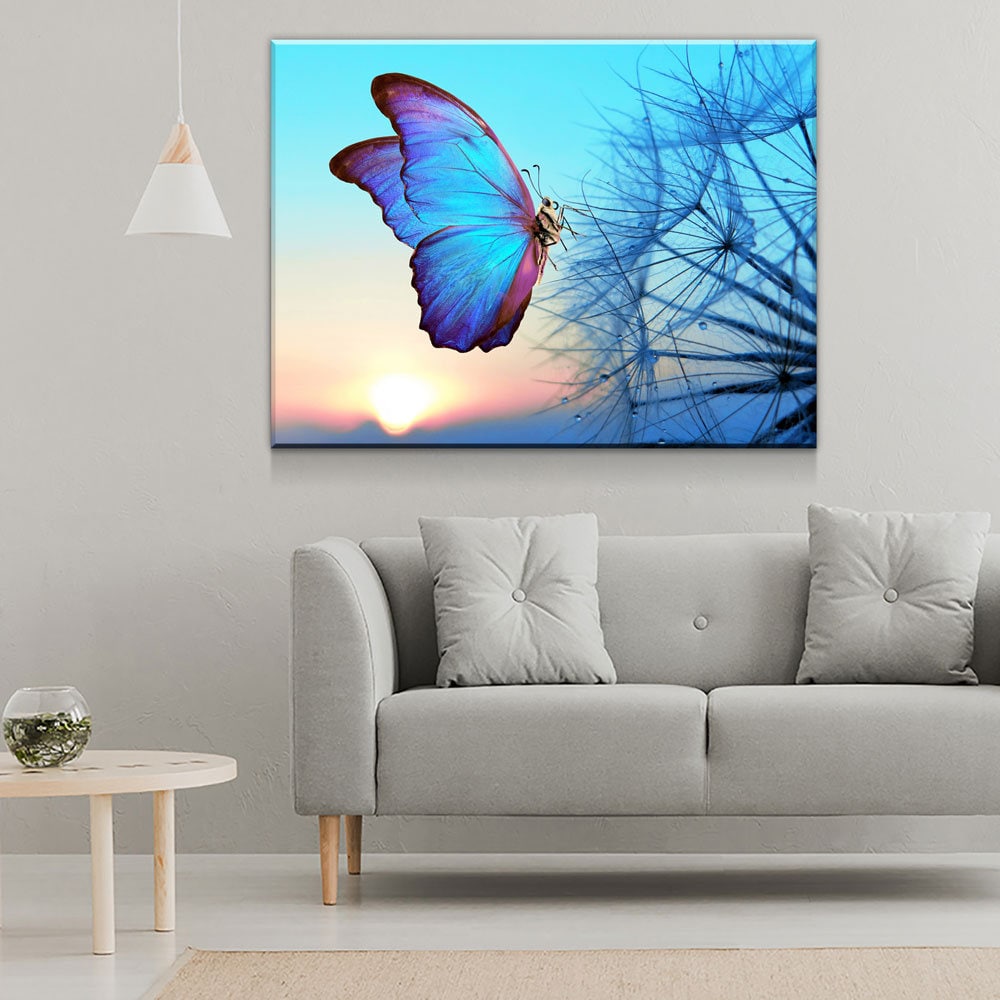 Blue Butterfly Canvas Wall Art, Dandelion Sunset Print